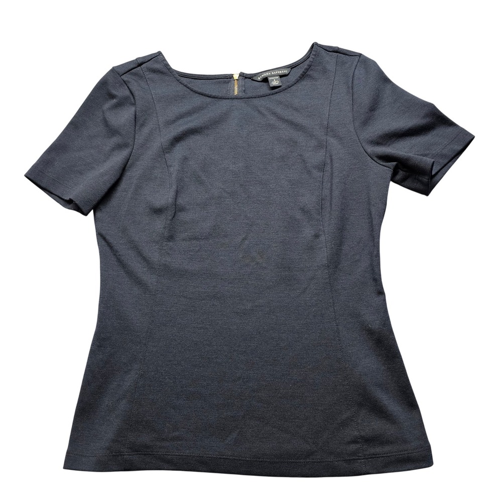 Banana Republic Womens Navy Blue Short Sleeve Stretch Knit Top Back Zip Size 4‎